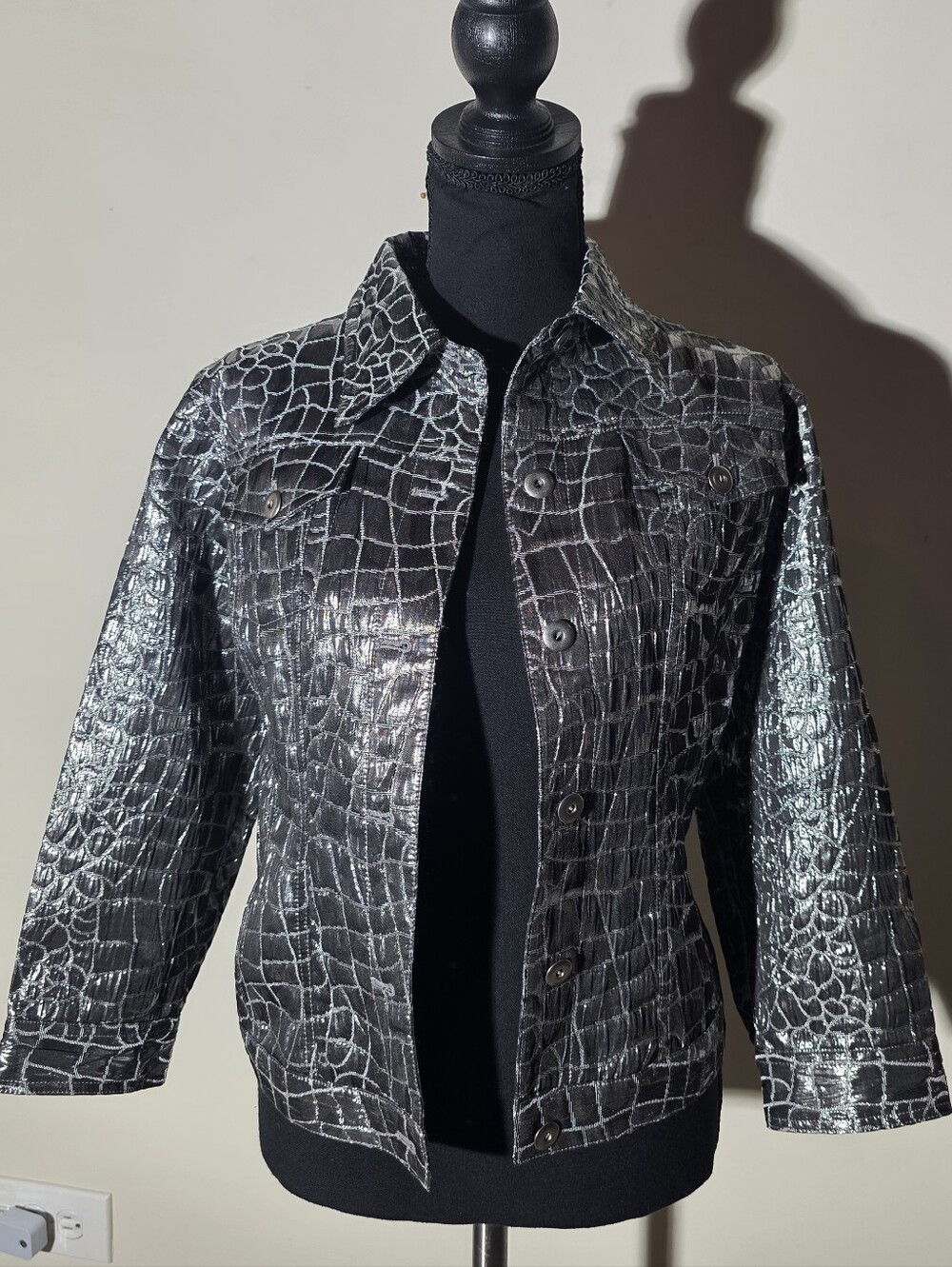 Ruby Rd. Metallic Croc-Embossed Jean Jacket - Black & Silver (Size 8)